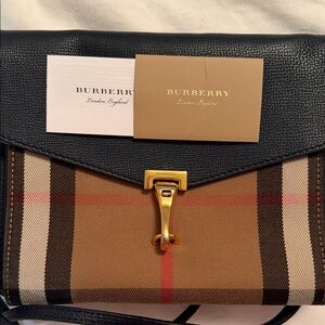 Burberry Black Leather & Vintage House Check Messenger Bag with Gold Hardware